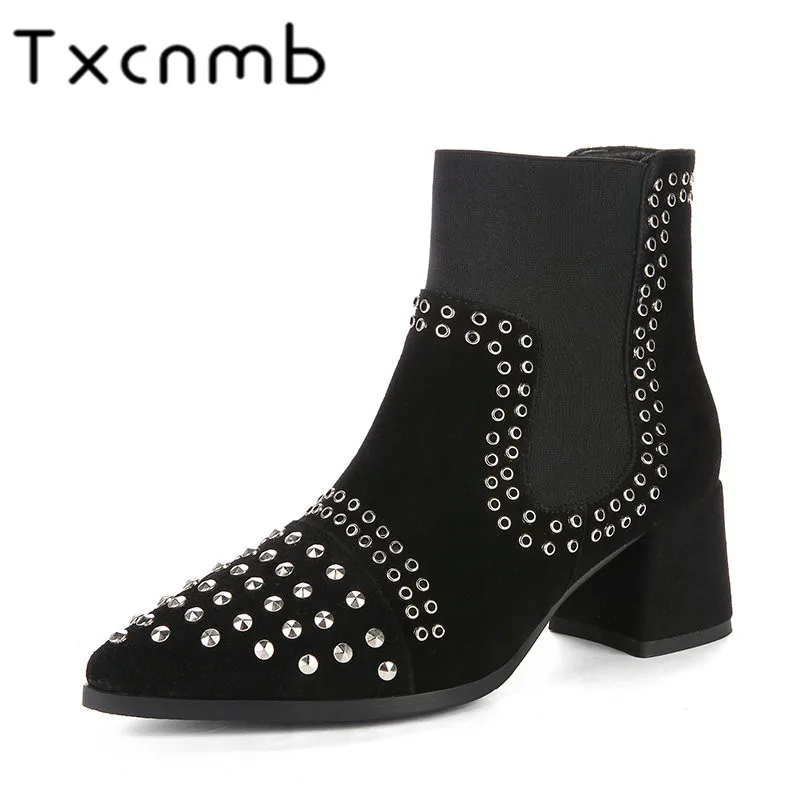 

TXCNMB 2019 Boots Women Ankel Boots for Women Winter Cow Suede Leather High Heel Shoes Woman Round Toe Boots
