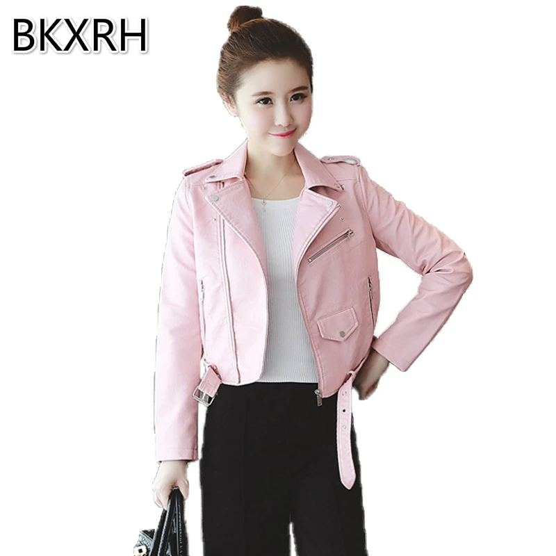 BKXRH 5 cores Rosa Azul Mulheres PU Jaquetas De Couro Macio do Plutônio Faux Casacos De Couro Projeto Short Slim Gola Virada Para Baixo Motocicleta Outwe