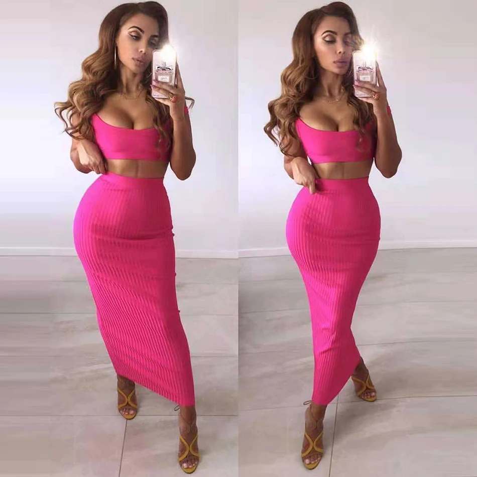 2019 جديد المرأة طويل ضمادة اللباس أكمام حبال 2 قطعة اثنين قطعة مثير أزياء المشاهير حزب اللباس Bodycon vestidos