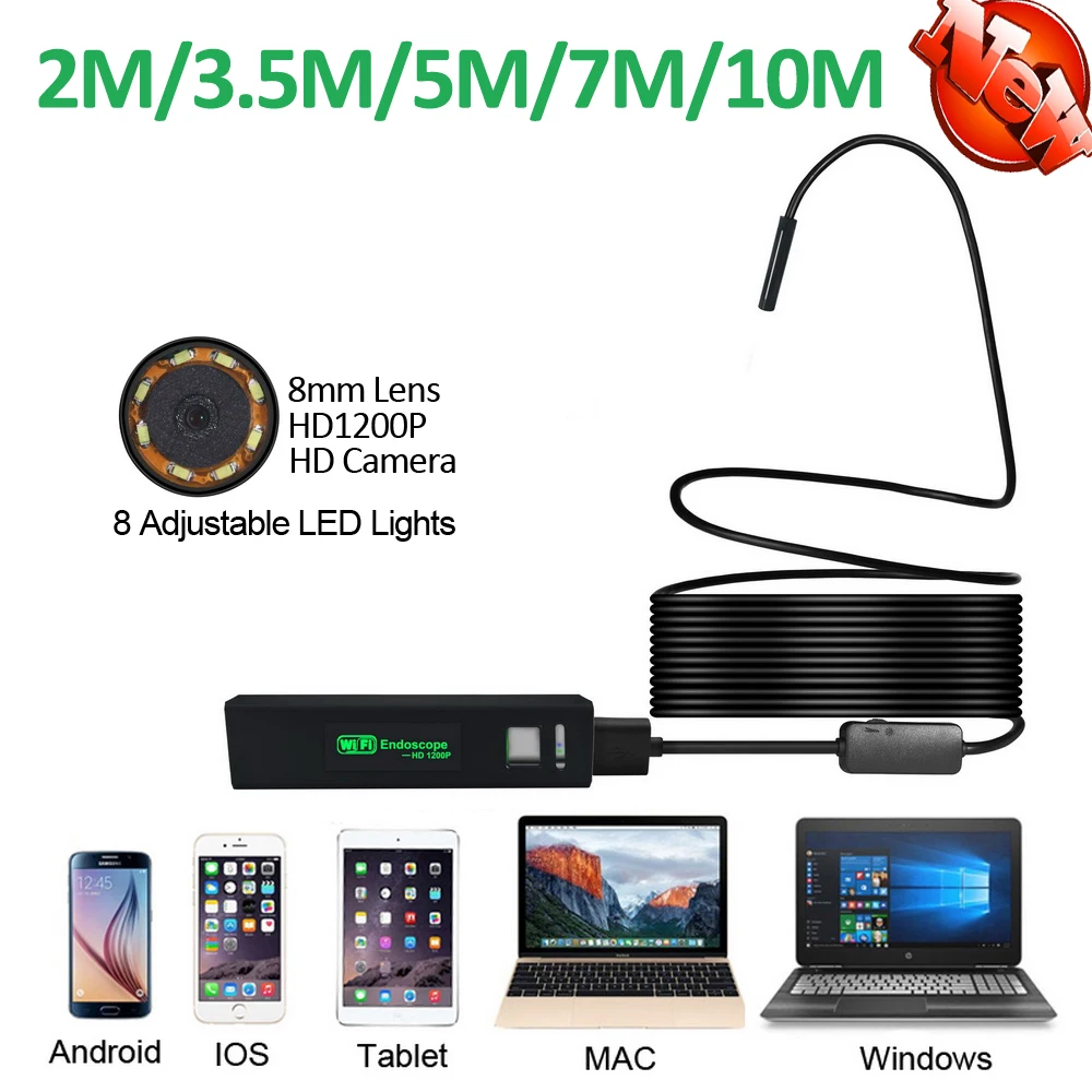 8mm Lens 1200P WIFI Endoscope 2MP Camera 10M 7M 5M 3 5M 2M Android iPhone Snake