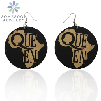 

SOMESOOR Engraving African Map Wooden Drop Earrings For Women Afro Black Queen Design 6CM Large Size Handmade Ear Jewelry Gift