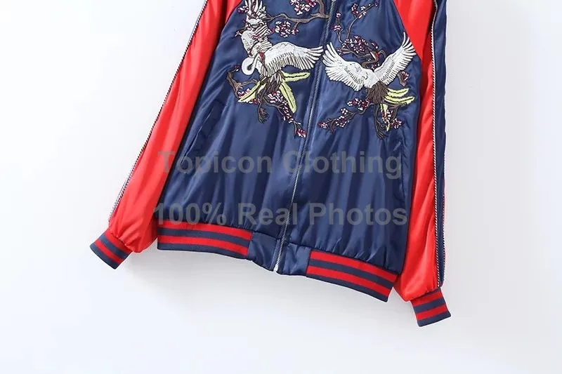 Женская куртка-бомбер в стиле Харадзюку с вышивкой Журавля, красная, синяя, атласная, Сувенирная Куртка sukajan, пальто, женская верхняя одежда