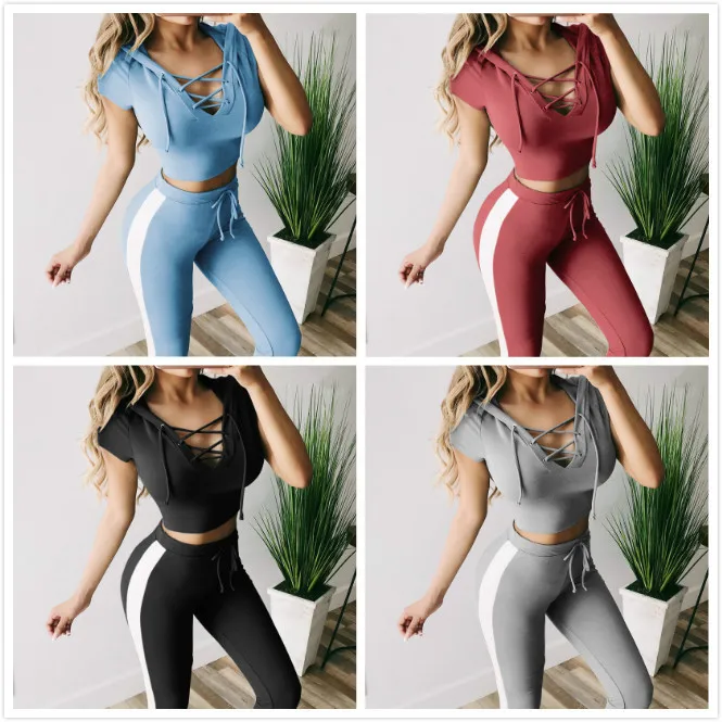 

Women Tracksuit Casual Deep V-Neck Female Suit Fitness Suit Striped Slim Knit Bandage Hooded Sexy Fitness 2 Pics Set Sportswear