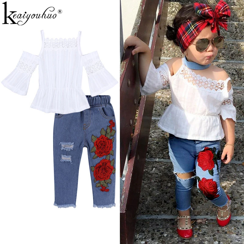 

Tracksuit For Girls Kids Clothes Raglan Sleeve T-shirt+Broken Hole Jeans 2Pcs Toddler Girls Outfits Suits Children Clothing Sets