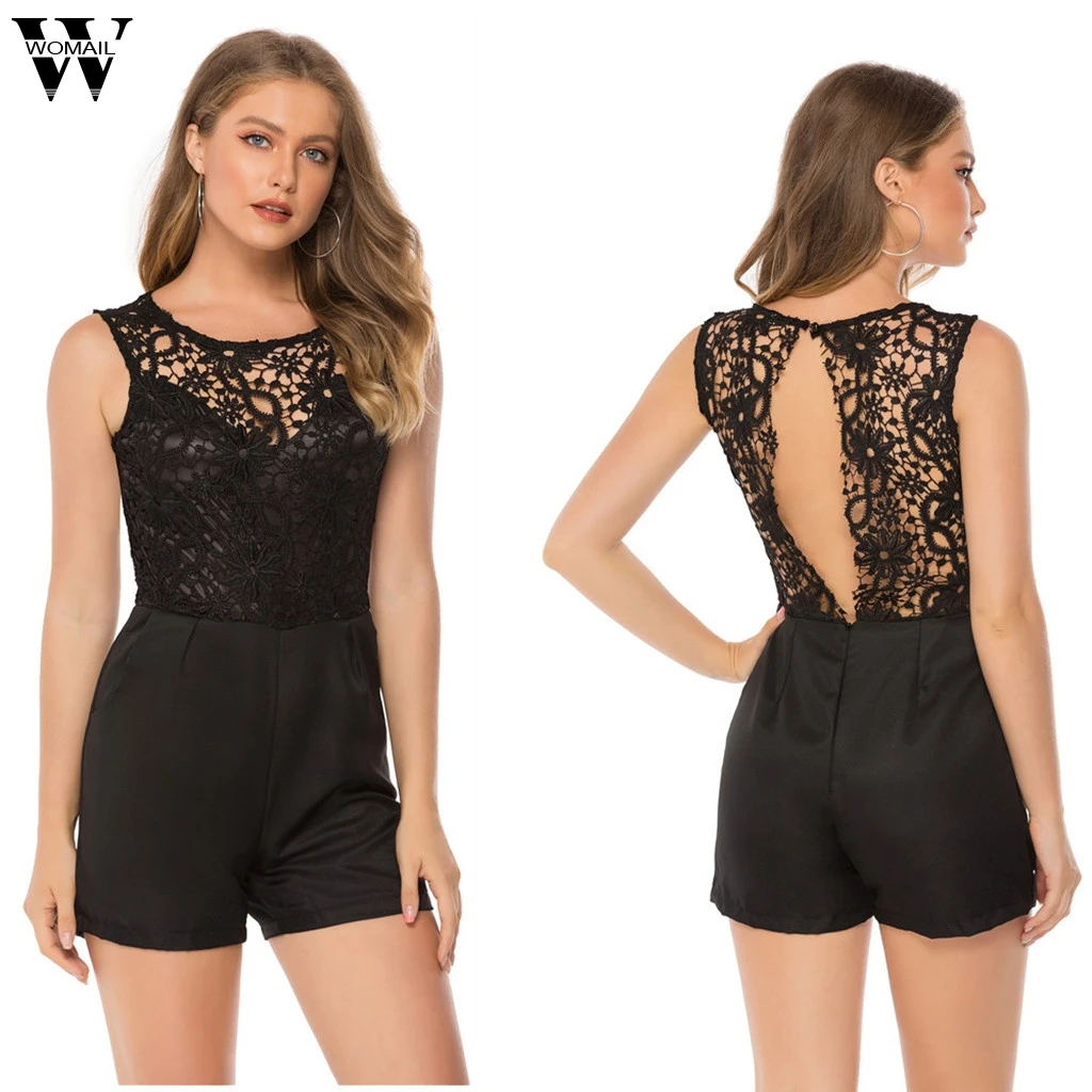 Womail bodysuit Women Sexy Sleeveless Backless Playsuit Short Jumpsuit Ladies Solid Lace Romper holiday fashion J613