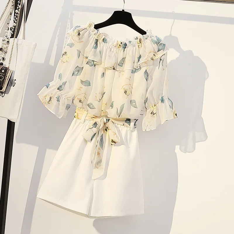Лето 2019, новый комплект, женская модная шифоновая рубашка с вырезом на плечах, импортные шорты, комплект из двух предметов, летняя Корейская