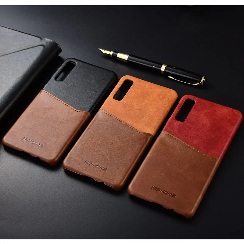 

Kezihome Ultra Thin Phone Cases For Samsung Galaxy A7 2018 Cover Case Genuine Leather Hard Case A7 2018 With Card Hole