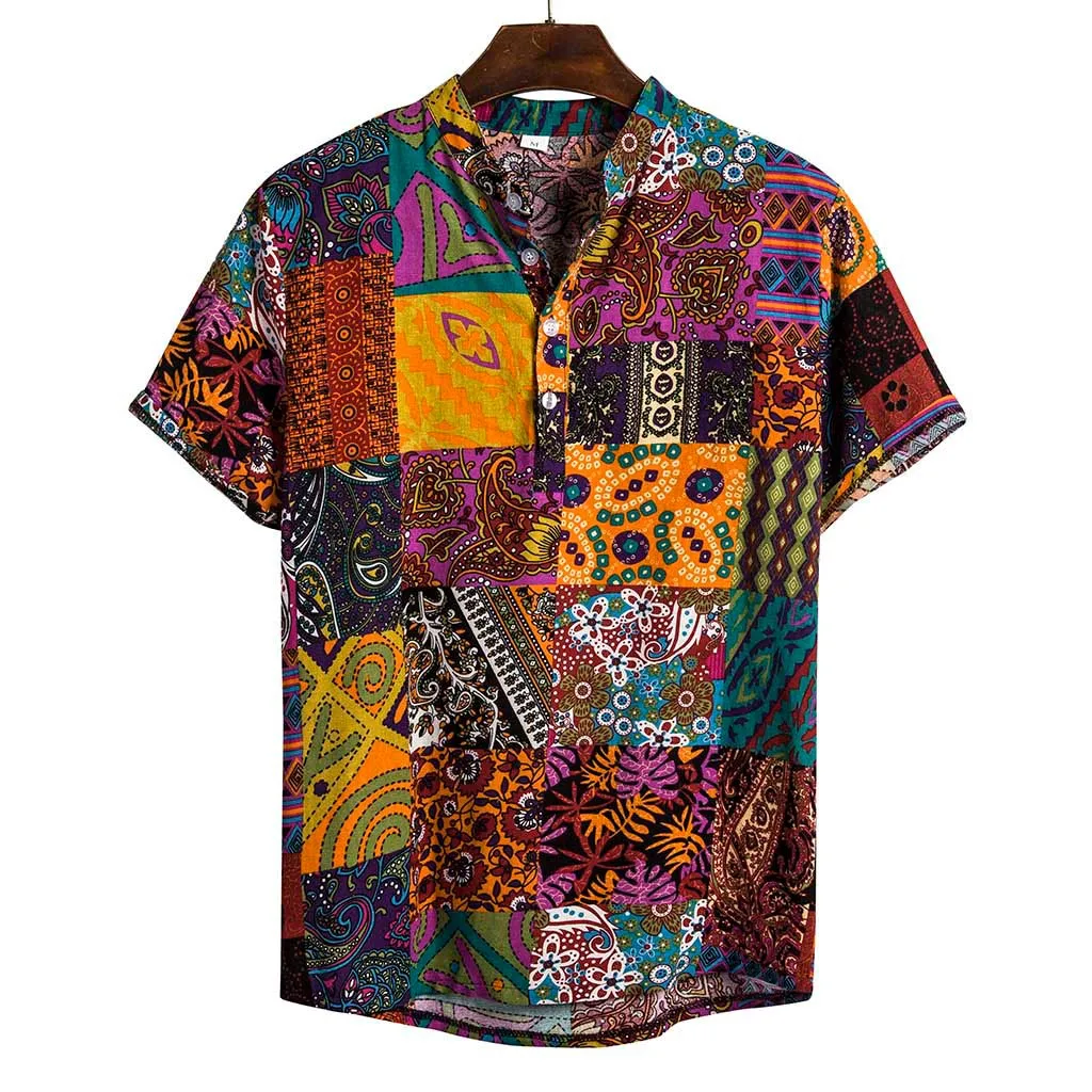 Блузка рубашка мужская Гавайская летняя с принтом v-образный вырез пляжный топ короткий рукав Повседневная рубашка Харадзюку Hombre уличная одежда 19Jun