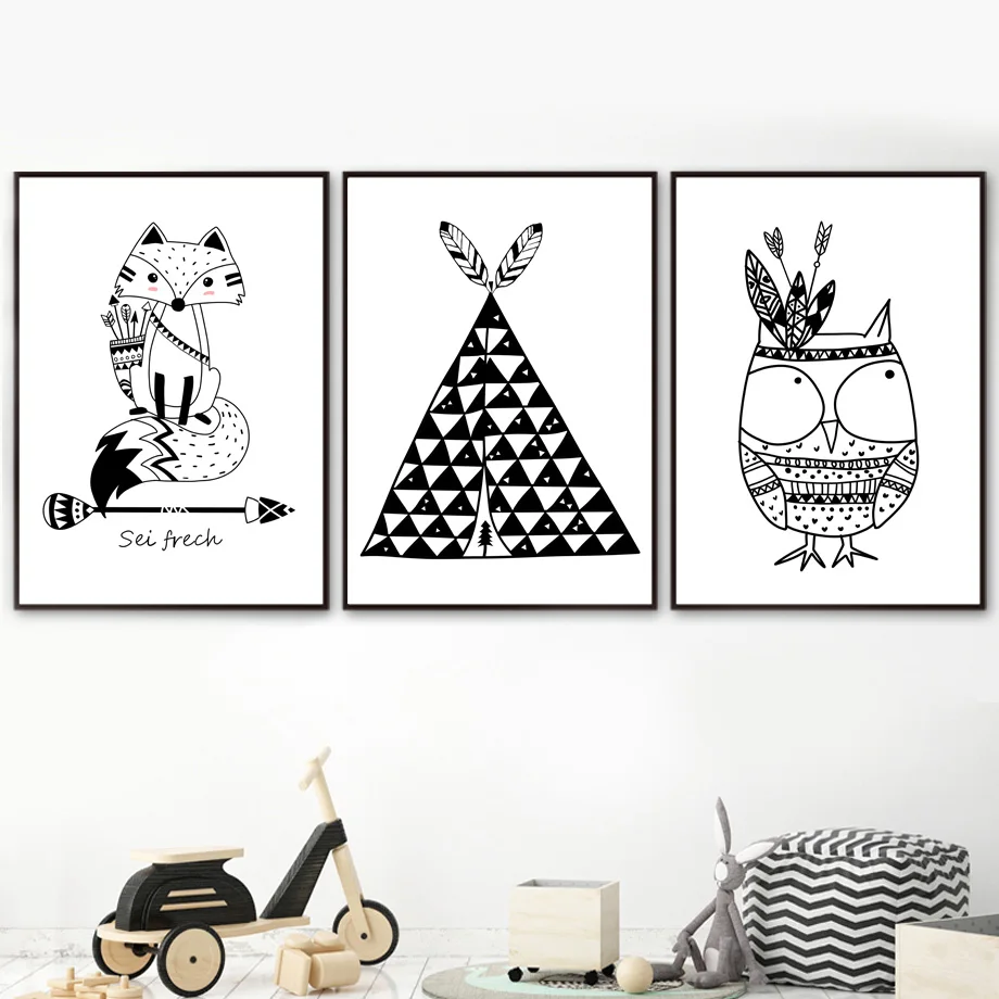 Black-White-Cute-Indian-Fox-Owl-Tent-Mountain-Nordic-Posters-And-Prints-Wall-Art-Canvas-Painting(1)