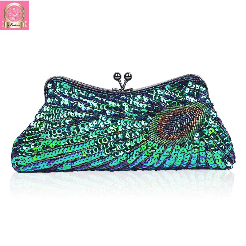 

2018 Vintage Sequin Party Bag Women Evening Bags Clutch Wedding Bridal Purse Sequins Mini Chain Handbag Peacock Pattern