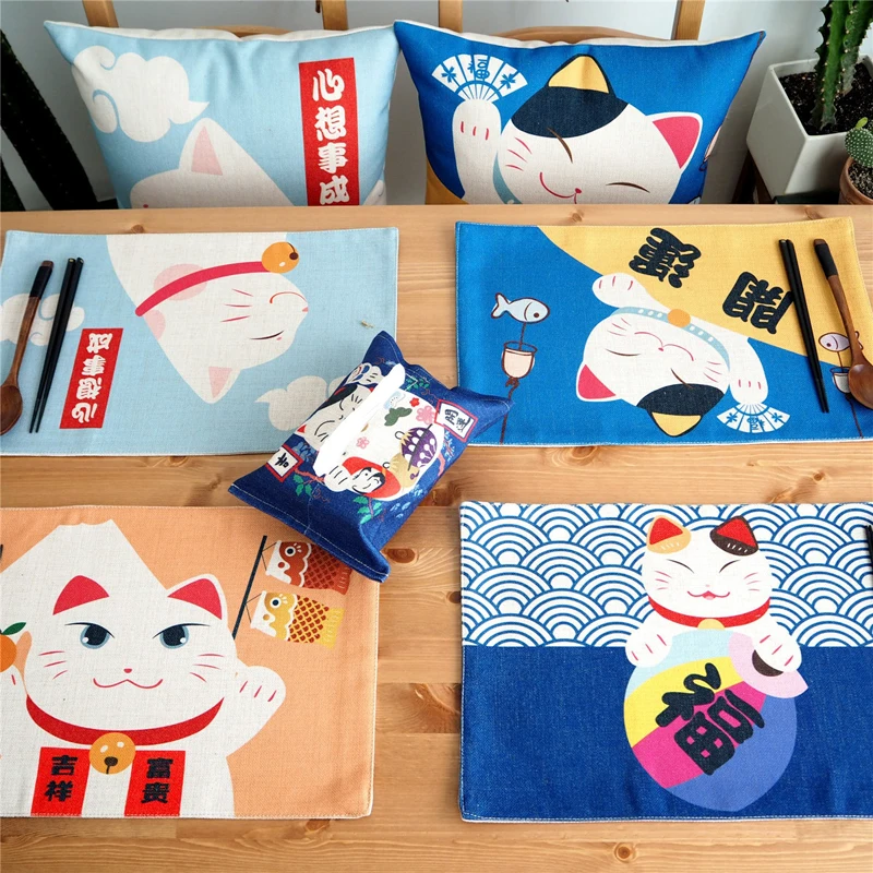 Cute Colorful Lucky Cat Placemat Bar Mat Baby Kids Cotton Linen Plate Mat Table Mat Home Kitchen Pads Coffee Coasters 47x27cm