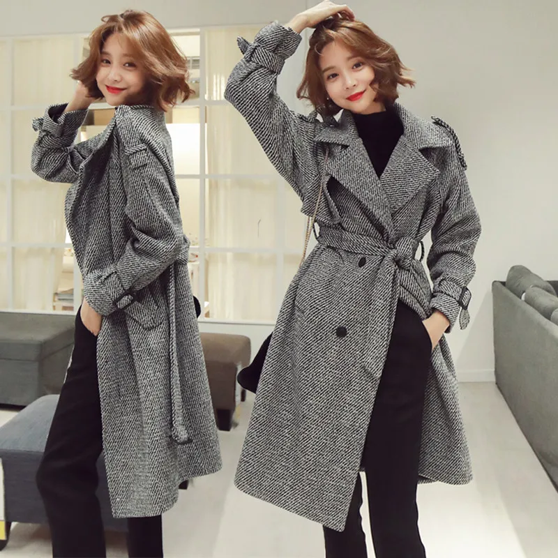 

Korean Houndstooth Long Wool Coat Elegant Women Double-breasted Lapel Collar Sashes Pocket Plaid Loose Thick Woolen Outerwear