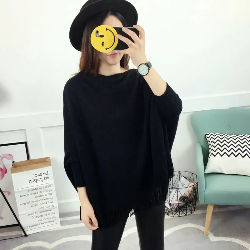 New Spring Gray Pullovers And Sweaters Loose Tassel Soft Shawl Poncho Women Slash Neck Bat Long Sleeve Pullover Sweater Shawl
