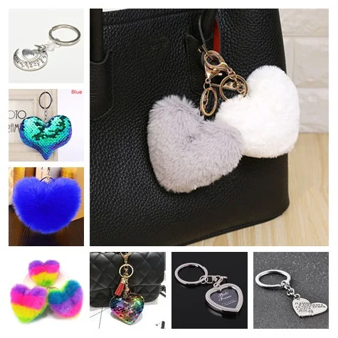 1pc Lovely Heart Shape Keychain Cute Sequins Soft Pompon Faux Fur Car Key Ring Heart Keychain Jewelry Gift