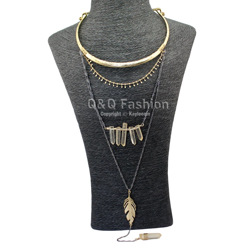 

Retro Gold & Black Feather Leaf Druzy Quartz Chain Torque Collar Necklace Jewelry New