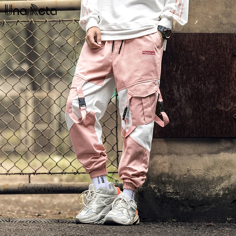 Una Reta Man Pants New Fashion Streetwear Joggers Hip Hop Trousers Men casual Elastic Waist Buckle design Pink Cargo Pants Men