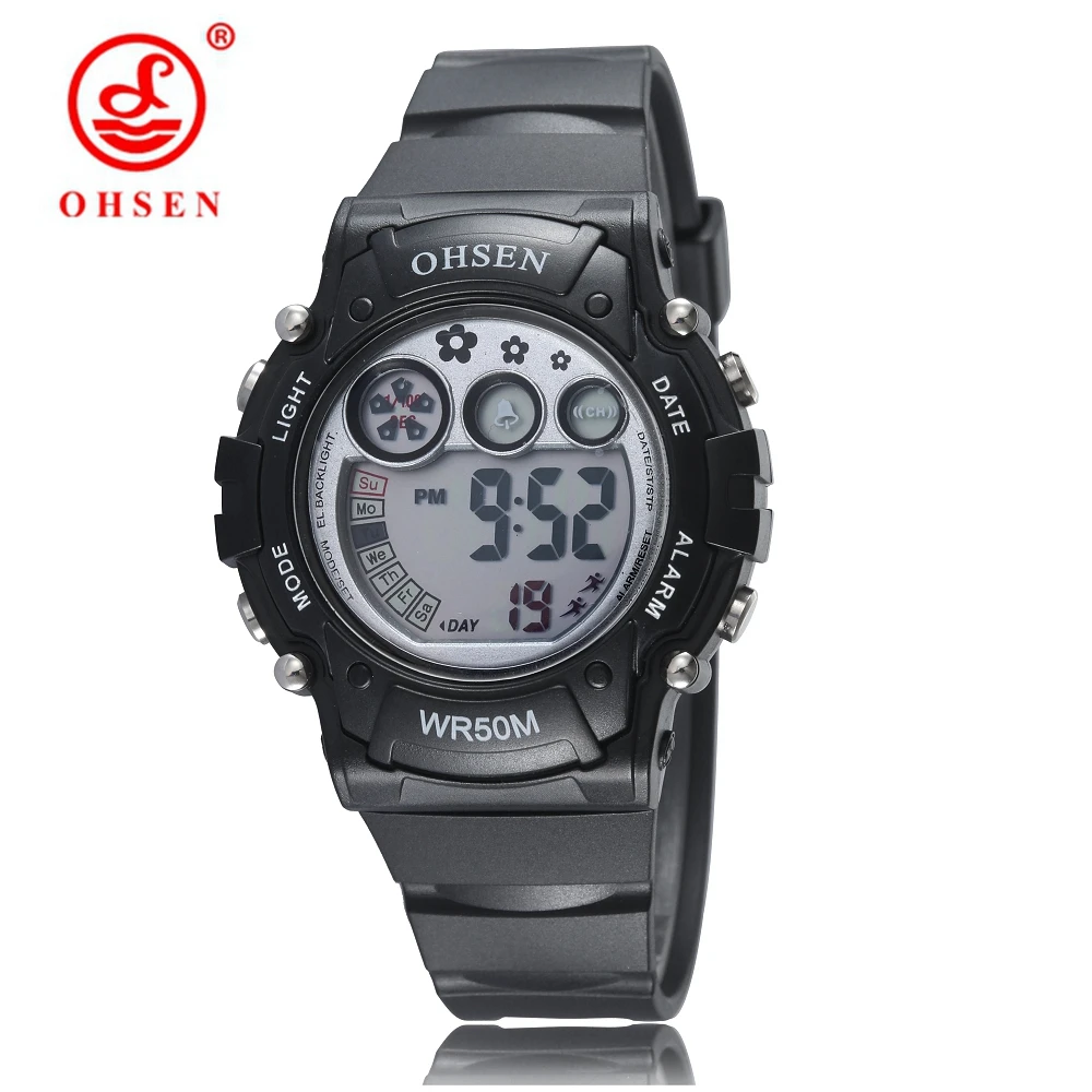 OHSEN Brand Digital LED Kids Boys Watches Black Silicone Strap 50M
