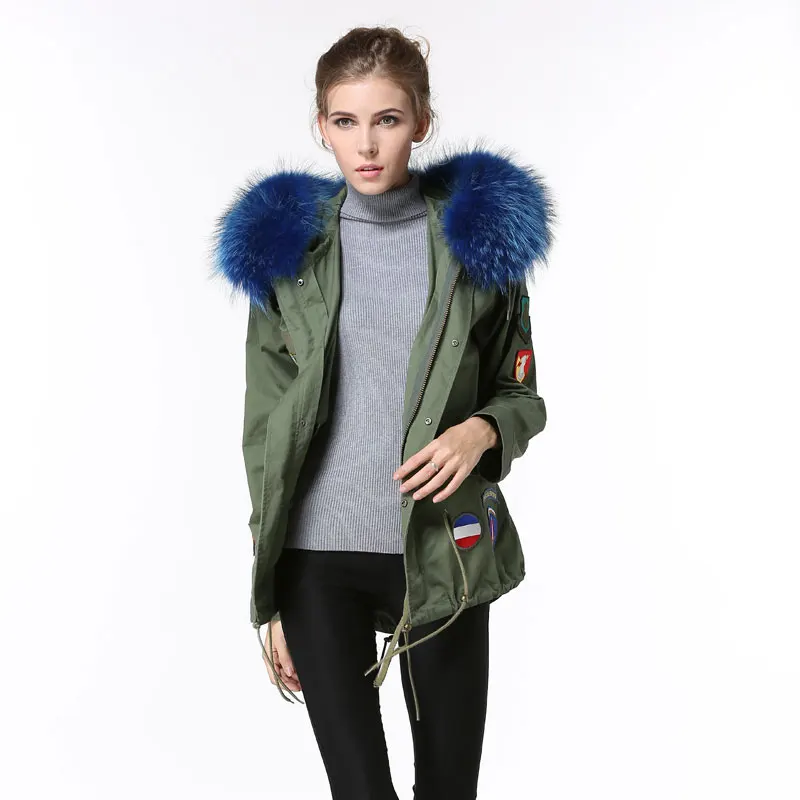 

2016 spring women outerwear designs clothing army green women coats with blue raccoon fur collar hooded jacket