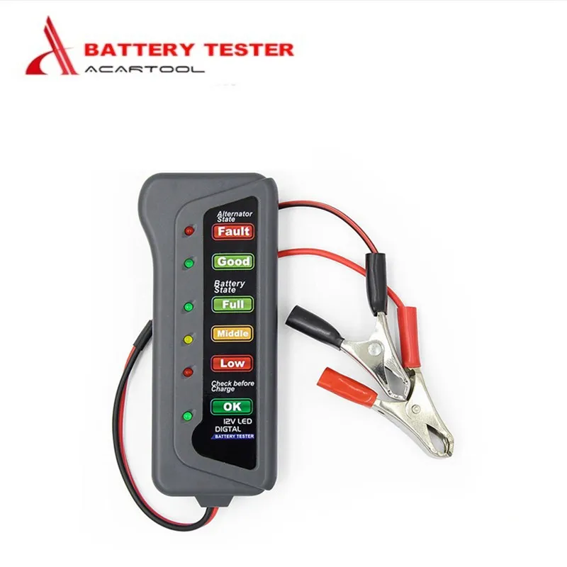 

Car Battery Tester 12V/15A Alternator Tester Vehicle Battery Diagnostic Tool with 6 LED Lights Display Battery Testing