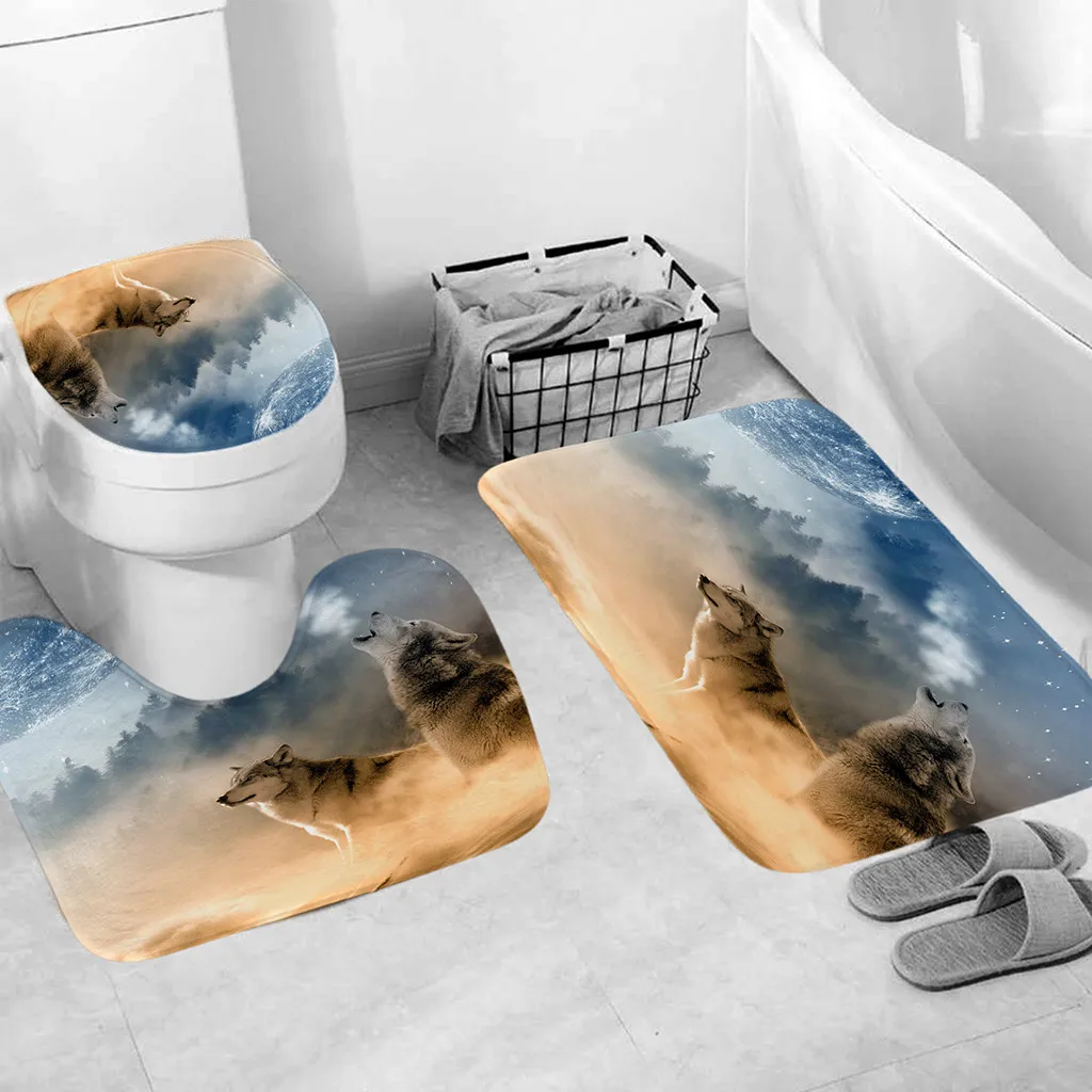 

3Pcs/set Bathroom Toilet Floor Mat Set Non-Slip Fish Scale Bath Kitchen Carpet Doormats Decor Wild wolf print Carpet 2019