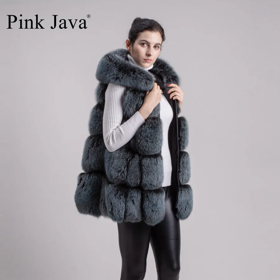 

Pink Java QC8094 FREE SHIPPING 2017 new natural fox fur long vest real fox fur gilet with hood winter high quality women fox