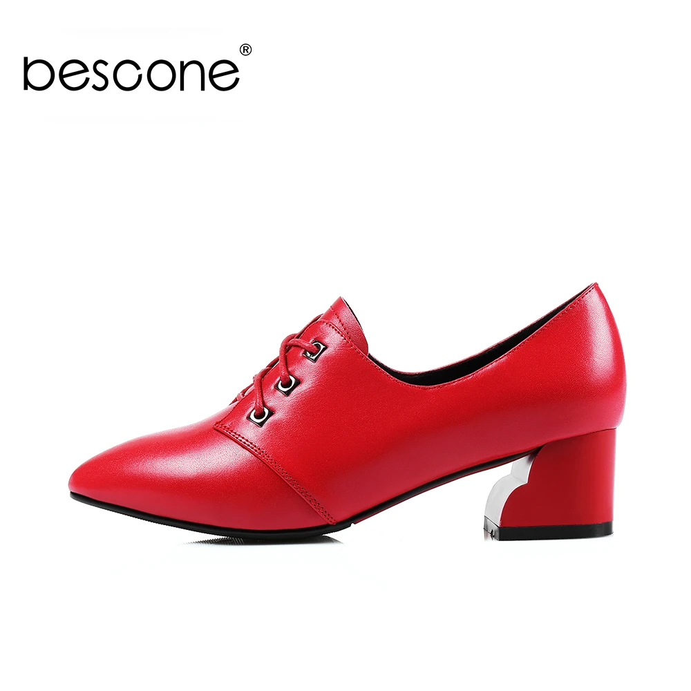 

BENSCONE Brand Top Quality Pumps 2019 New Arrive Elegant job Women Shoes Spring Pointed Toe Square Med Heels Lace-up Pumps BO2