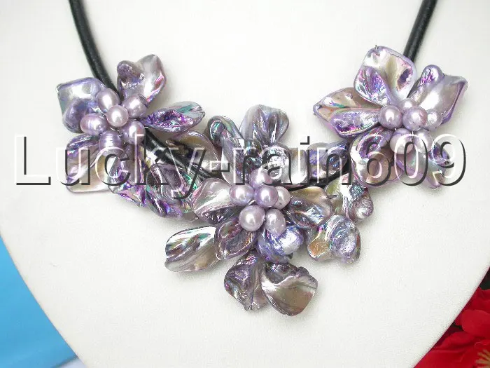 

>>>> baroque handcraft bloom purple seashell pearls choker leather necklace e1267