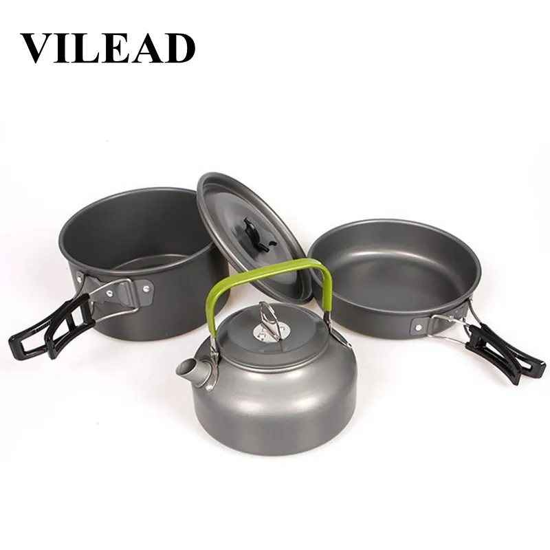 

VILEAD Portable Camping Pot Pan Kettle Set Cookware Aluminum Alloy Outdoor Tableware 3pcs/Set Cooking tool for Hiking Bushcraft