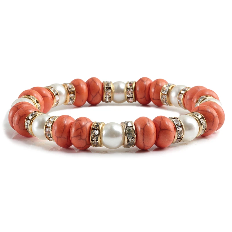 Charm Women Pink Beads Bracelets Pearl Natural Stone With Zircon Fashion Elastic Rope Strand Bracelet Handmade Yoga Jewelry Gift - Окраска металла: Orange Gold White