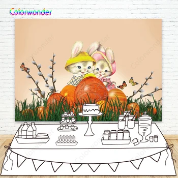 

Photography Background Two Grey Rabbits with Colorful Eggs 7x5ft Butterflies with Branches Orange Backdrop for Easter's Day Prop
