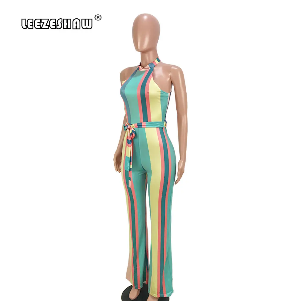 Leezeshaw Chromatic Striped Jumpsuit for Women 2018 Sexy Off Shoulder Rompers Playsuit Sleeveless Straight Jumpsuits With Sashes Jumpsuits and Playsuits