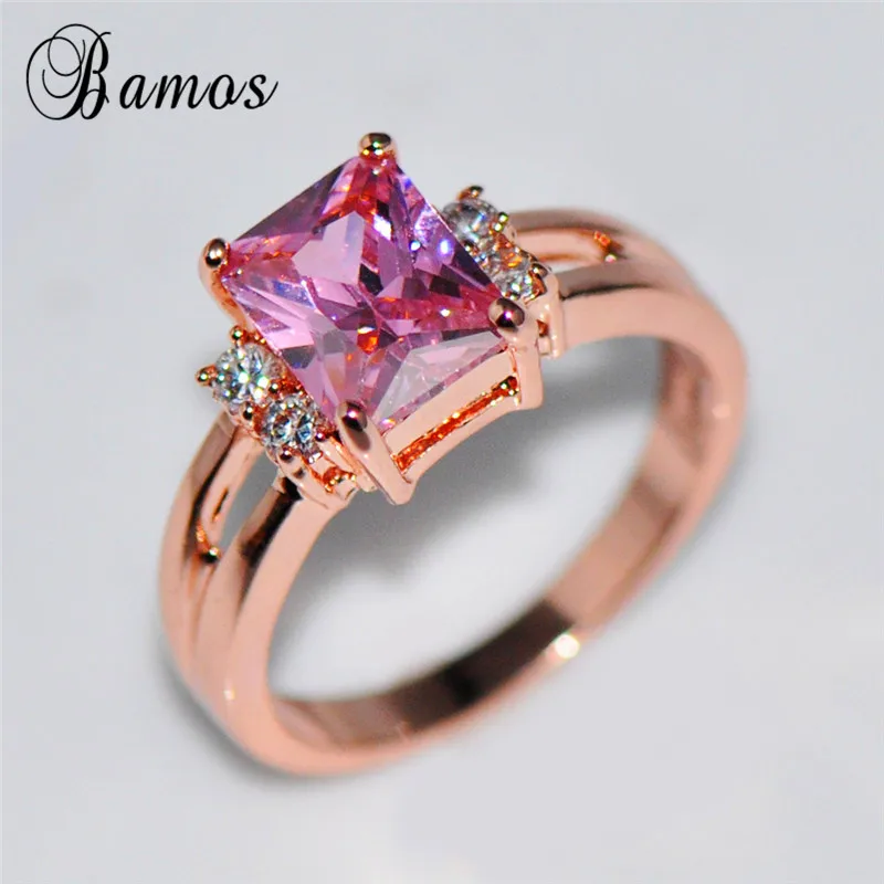 

Bamos Retro Square Multicolor Birthstone Yellow/Rose Gold Filled Fashion Jewelry White Crystal Purple/Green/Pink Zircon Rings