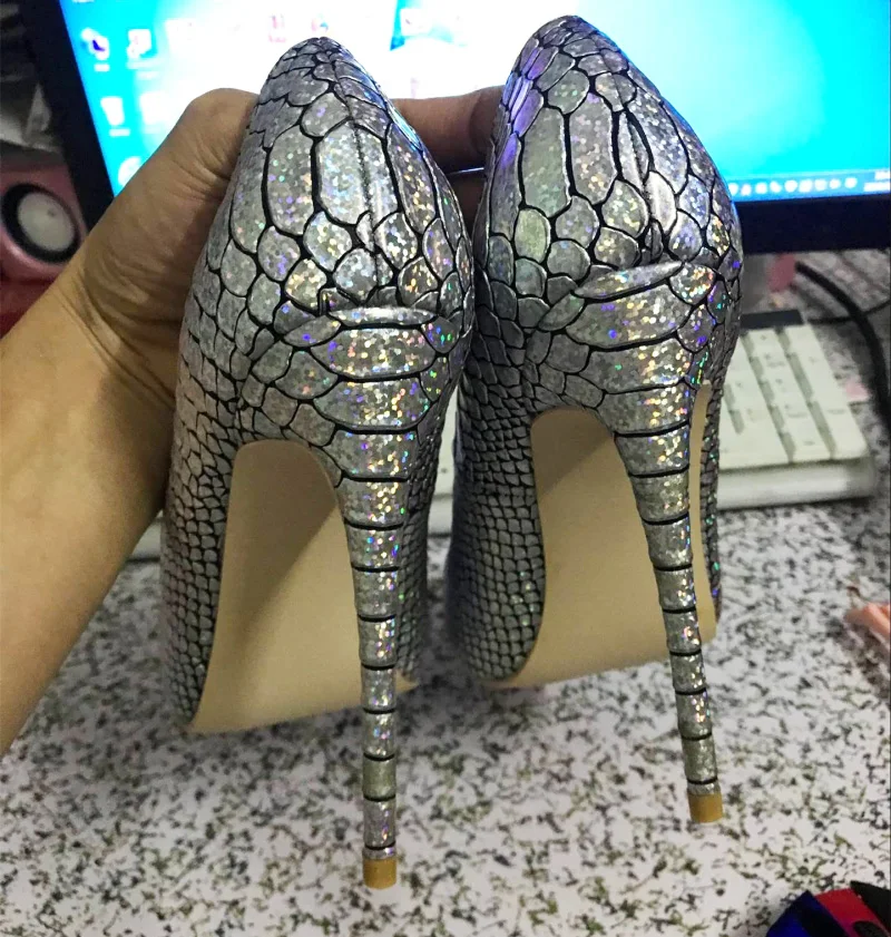 Stylesowner Silver Bling Bling High Heel Shoes Luxury Pointed Toe Shallow Mouth Pumps Night Party Shoe Zapatos Mujer for Women