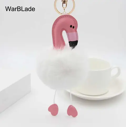 New Flamingo Pompom Keychain Fluffy Fake Rabbit Fur Ball Key Chain Porte clef Women Car Bag pompon Key Ring Accessories