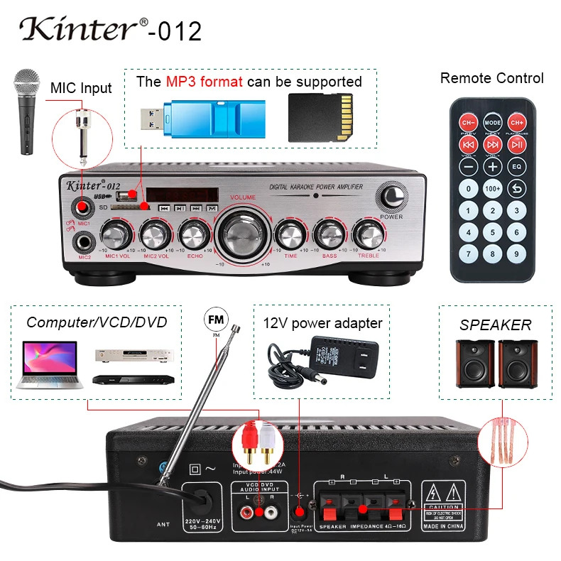 Kinter-012 BT усилитель аудио воспроизведение стерео усилитель звука 2,0 канал с bluetooth SD USB ввод управление бас ВЧ микрофон эхо