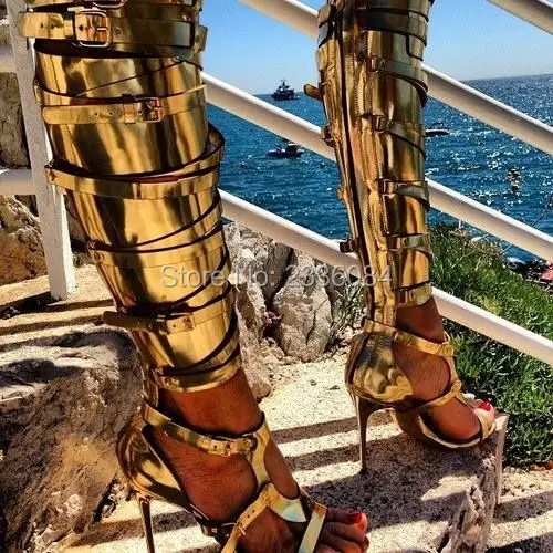 

Sapato Feminino Metallic Gladiator Strappy Sandals Silver Gold Thigh High Boots Overknee High Heels Cut Outs Summer Shoes Woman