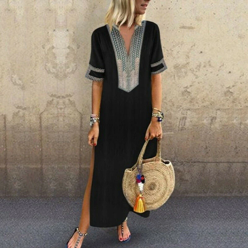

2019 Women Plus Size 5XL African Printed Maxi Dresses Slim V neck Long Dress Solid Color Short Sleev Dress Summer Streetwear