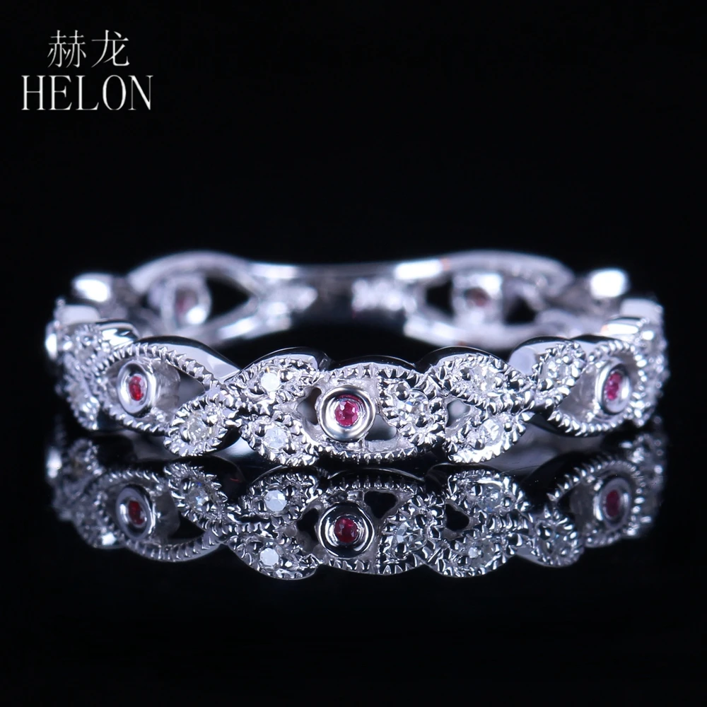 

HELON Solid 10K White Gold Pave Natural Diamonds Ring Exquisite Cluster Cocktail Diamond & Ruby Engagement Wedding Ring