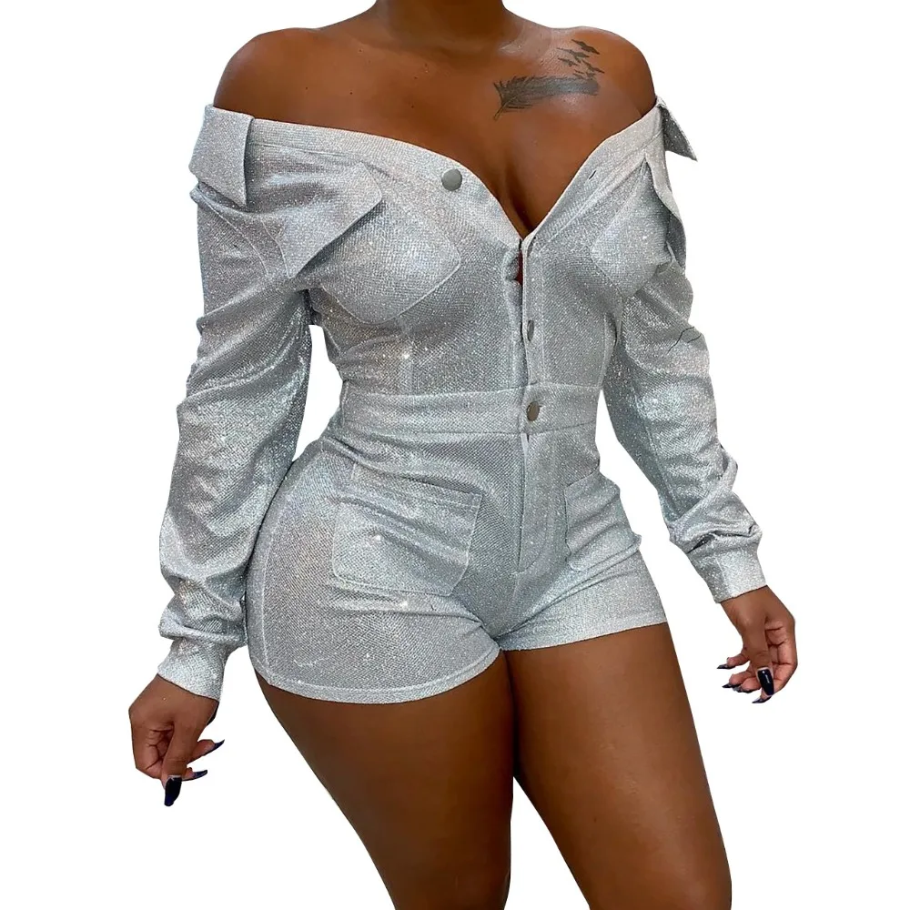 Silver Sequin Button Short Jumpsuit Women Sexy V Neck Long