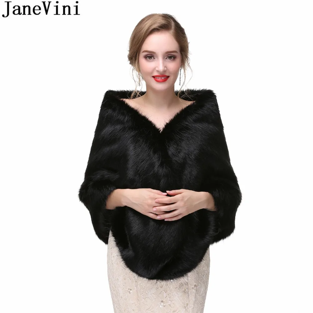 JaneVini Elegant Black Fur Shawl Bridal Winter Fur Cape Wedding Faux Fur Wrap Coat Brides Cloak Bolero Wedding Capes For Women
