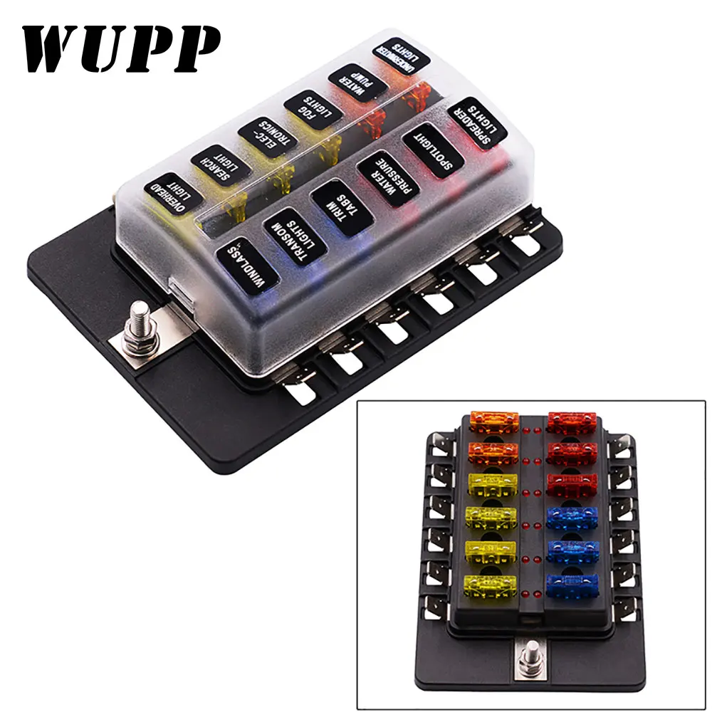 Comprar Soporte de caja de fusibles de cuchilla de 12 vías con Kit de luz de advertencia LED para coche barco triciclo marino 12V 24V CS 579B4