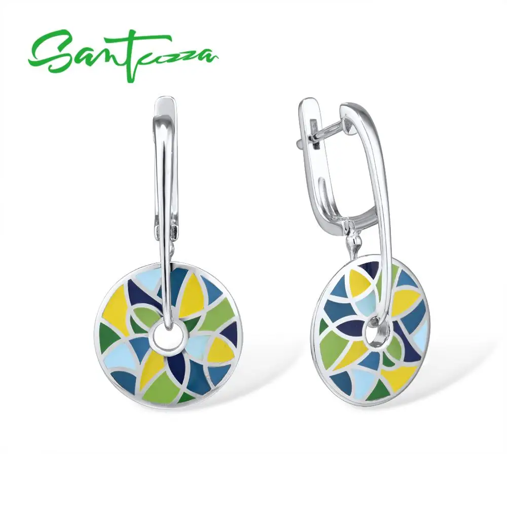 

SANTUZZA Silver Earrings For Women Genuine 925 Sterling Silver Colorful Enamel Women Round Circle Drop Earrings Fine Jewelry