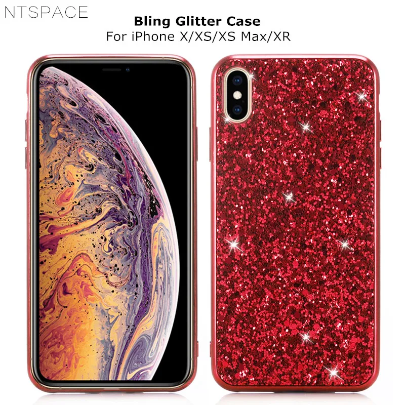 

NTSPACE Luxury PC+TPU Silicone Case for iPhone X XS Max XR Bling Glitter Flash Powder Phone Case for iPhone 7 8 Plus Back Cover