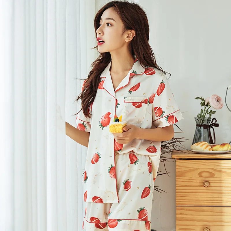 

Feier 2 PCS Women Pajama Sets 2019 Summer Short Pyjamas Homewear Strawberry Prints Silk Chiffon Sleepwear Pajamas Women Shorts