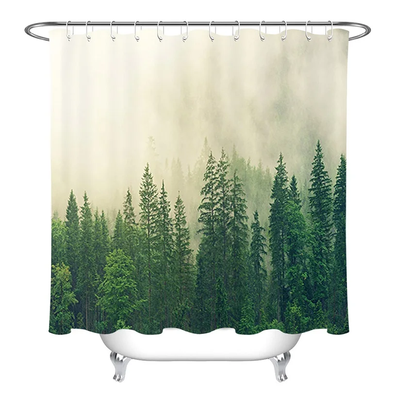 Зеленый лес прямые сосновые облака туман занавески с изображением дерева Водонепроницаемая занавеска для ванной полиэстер ткань для ванной домашний декор - Цвет: Only curtain
