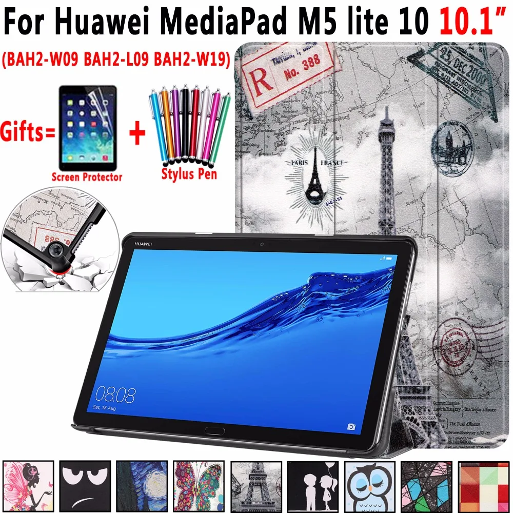 Smart Case for Huawei MediaPad M5 Lite 10 10.1" BAH2-W09 BAH2-L09 BAH2-W19 Print/Solid Leather Magnetic Cover Funda Coque Shell |