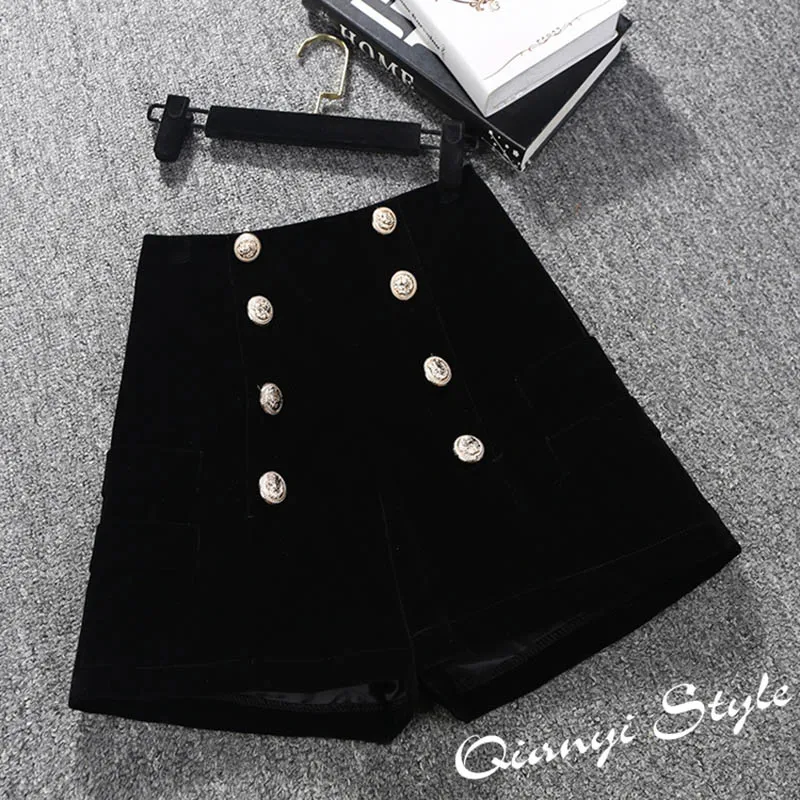 

2019 New Autumn Winter Velvet Shorts Women Elegant High Waist Short Pants Ladies Office Work Double-breasted Boots Shorts