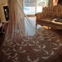 Реальное изображение, два слоя, Свадебные вуали, длина собора, фата невесты, сетка, свадебное шелковое с аппликацией, вуаль с расческой для свадьбы
