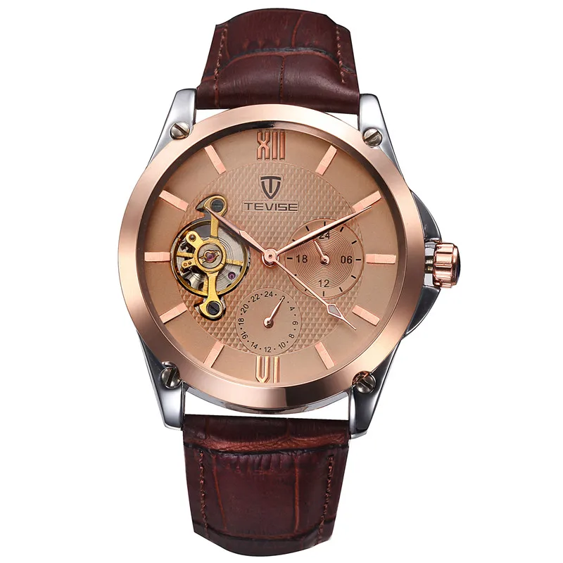 Tevise الأعمال التلقائية ووتش توربيون الميكانيكية ووتش الرجال جلد طبيعي حزام 24 ساعات العلامة التجارية الشهيرة relogio masculino