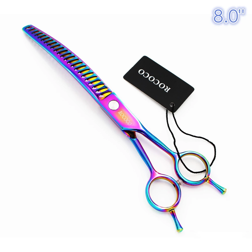 

8.0 inch Rainbow Pet Downward Curved Shark Thinning Scissors Cat Dog Grooming Clippers Professional Pet Hair Cut Shears With Bag